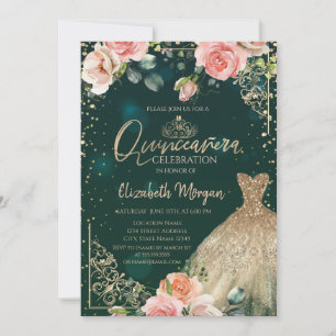 Invitation Robe d'or vert Tiara, Diamonds Roses Quinceañera