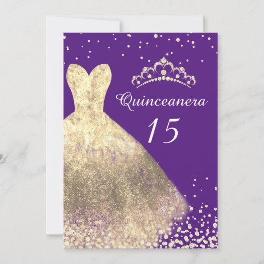 Invitation Robe d'or violet Quinceanera 15e anniversaire fête (Devant)