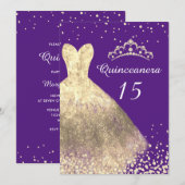 Invitation Robe d'or violet Quinceanera 15e anniversaire fête (Devant / Derrière)