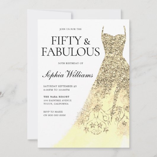 Invitation Robe dorée 50e fête d'anniversaire (Devant)