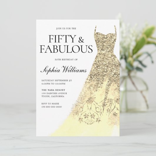 Invitation Robe dorée 50e fête d'anniversaire (Debout devant)