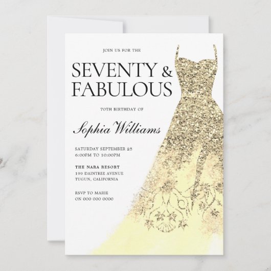 Invitation Robe dorée 70e fête d'anniversaire (Devant)