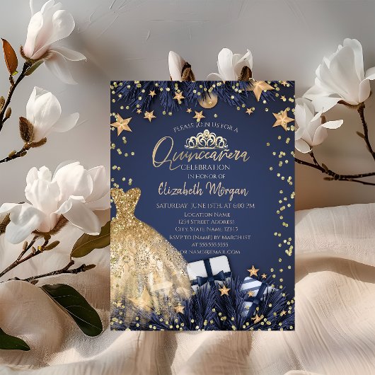 Invitation Robe dorée, Branches, Diamants Bleu marine Quincea