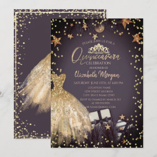 Invitation Robe dorée,Branches,Diamants Étoiles Quinceañera