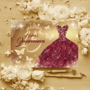 Invitation Robe dorée burgundy pour Quinceanera scintillante