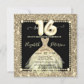 Invitation Robe dorée chic pailletée Sweet 16 (Devant)