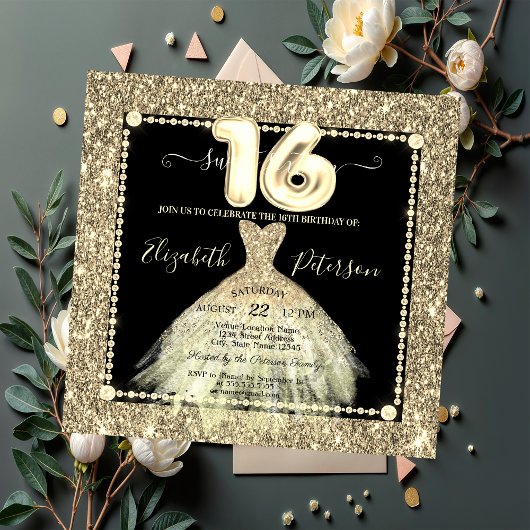 Invitation Robe dorée chic pailletée Sweet 16