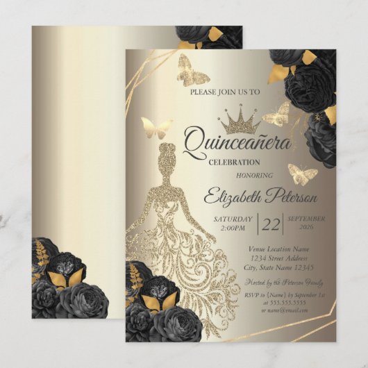 Invitation Robe dorée chic, roses noires papillon Quinceañera (Devant / Derrière)