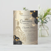 Invitation Robe dorée chic, roses noires papillon Quinceañera (Debout devant)