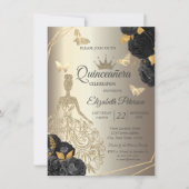 Invitation Robe dorée chic, roses noires papillon Quinceañera (Devant)