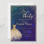 Invitation Robe dorée, diamants Fête d'anniversaire bleue 30  (Devant)