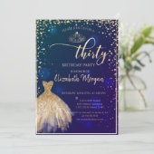 Invitation Robe dorée, diamants Fête d'anniversaire bleue 30  (Debout devant)