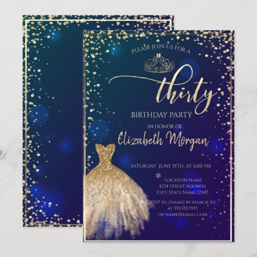 Invitation Robe dorée, diamants Fête d'anniversaire bleue 30  (Devant / Derrière)