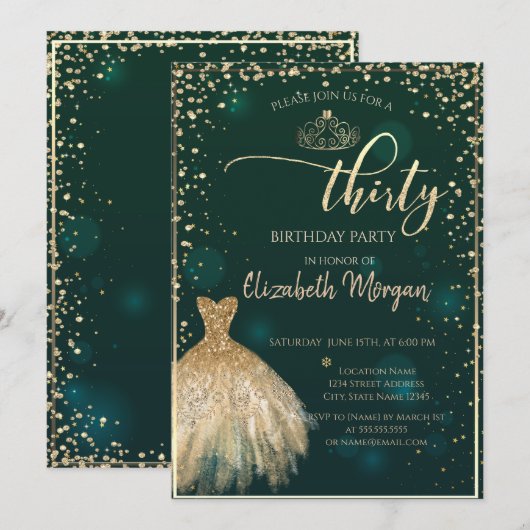 Invitation Robe dorée, Diamants Fête d'anniversaire verte 30 (Devant / Derrière)