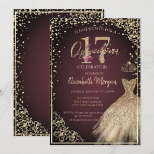 Invitation Robe dorée Diamants Floral Bourgogne Quinceañera