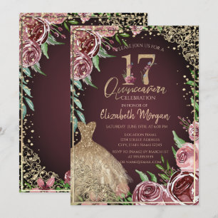 Invitation  Robe dorée Diamants Roses bordeaux Quinceañera  