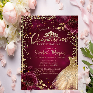 Invitation Robe dorée, diamants Roses bordeaux Quinceañera 