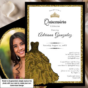 Invitation Robe dorée et diadème Photo personnalisée Quincean