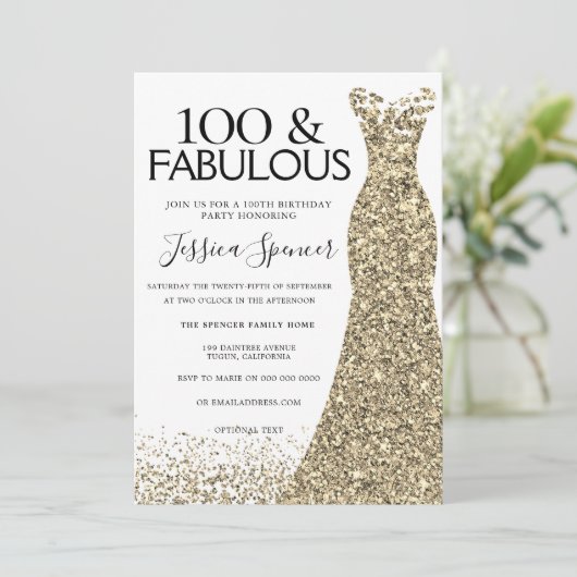 Invitation Robe dorée femmes 100e fête d'anniversaire (Debout devant)