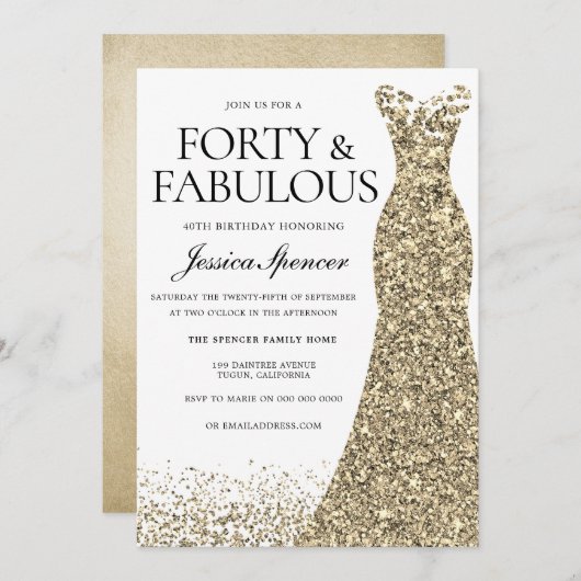 Invitation Robe dorée femmes 40e fête d'anniversaire (Devant / Derrière)