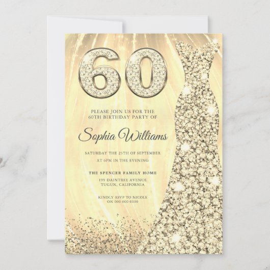 Invitation Robe dorée femmes 60e fête d'anniversaire (Devant)