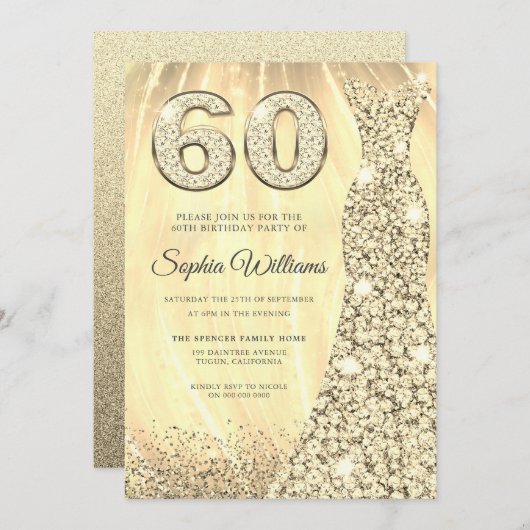 Invitation Robe dorée femmes 60e fête d'anniversaire (Devant / Derrière)