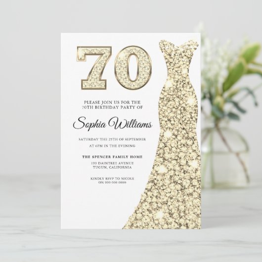 Invitation Robe dorée femmes 70e fête d'anniversaire (Debout devant)