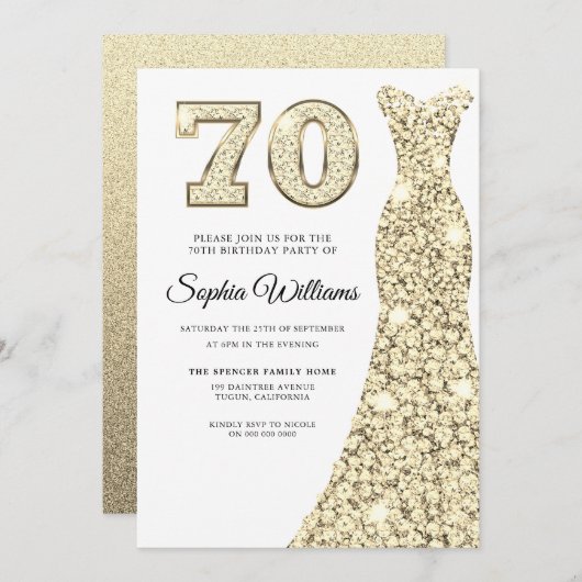 Invitation Robe dorée femmes 70e fête d'anniversaire (Devant / Derrière)