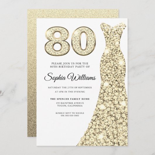 Invitation Robe dorée femmes 80e fête d'anniversaire (Devant / Derrière)