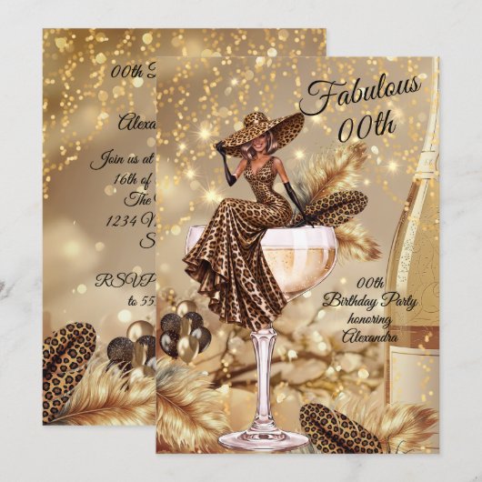 Invitation Robe dorée léopard anniversaire fabuleux champagne (Devant / Derrière)