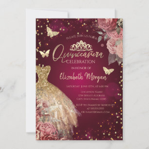 Invitation Robe dorée, papillons Fleurs rouges Quinceañera