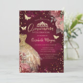 Invitation Robe dorée, papillons Fleurs rouges Quinceañera (Debout devant)