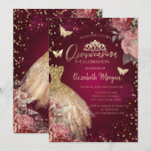 Invitation Robe dorée, papillons Fleurs rouges Quinceañera (Devant / Derrière)
