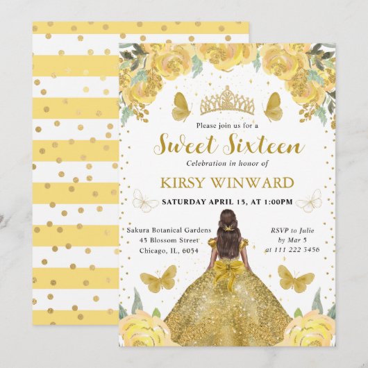 Invitation Robe dorée Peau foncée Princesse Sweet 16 (Devant / Derrière)