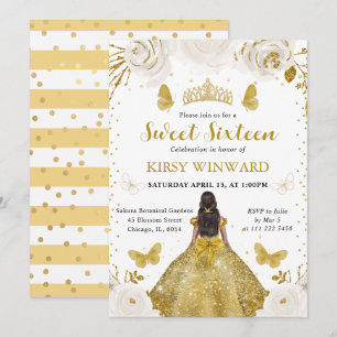Invitation Robe dorée Peau foncée Princesse Sweet 16