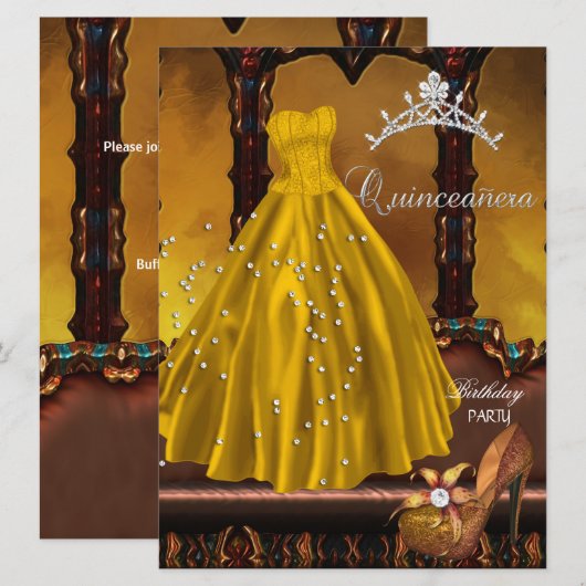 Invitation Robe dorée pour la fête des 15 ans de Quinceanera (Devant / Derrière)