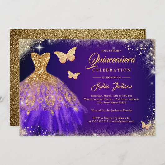 Invitation Robe dorée pourpre mousseuse Quinceanera (Devant / Derrière)