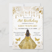 Invitation Robe dorée Princesse à peau foncée Anniversaire (Devant)