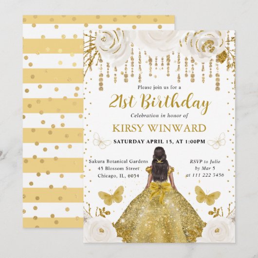Invitation Robe dorée Princesse à peau foncée Anniversaire (Devant / Derrière)