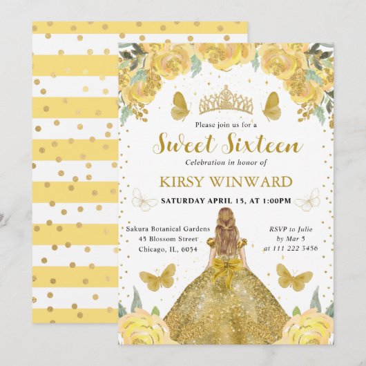 Invitation Robe dorée Princesse blonde Sweet 16 (Devant / Derrière)