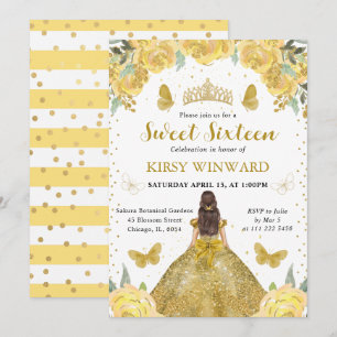 Invitation Robe dorée Princesse brune Sweet 16