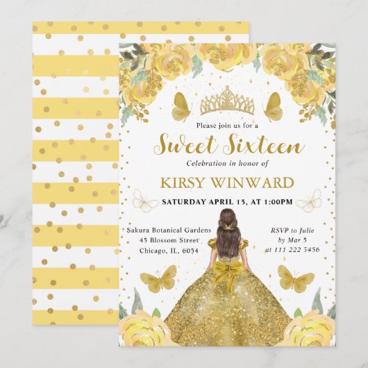 Invitation Robe dorée Princesse brune Sweet 16 (Devant / Derrière)