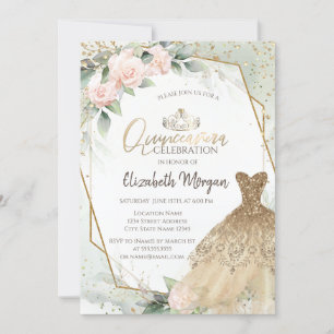 Invitation Robe dorée,Quinceañera aquarelle verte en diamants