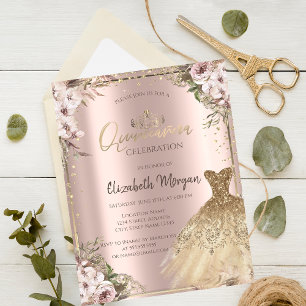 Invitation Robe dorée,Quinceañera Bohème Fleurs Diamants