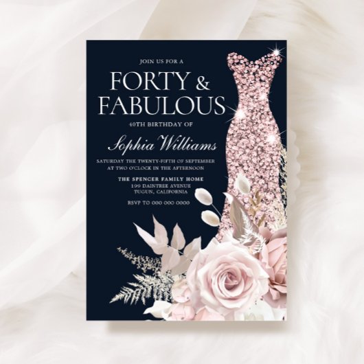 Invitation Robe dorée Rose Dusty 40e anniversaire Floral