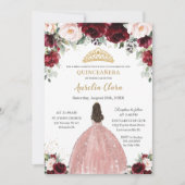 Invitation Robe dorée Rose Florale Quinceañera Bourgogne (Devant)