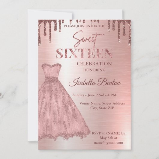 Invitation Robe dorée Rose moderne Parties scintillant douce (Devant)