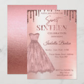 Invitation Robe dorée Rose moderne Parties scintillant douce (Devant / Derrière)