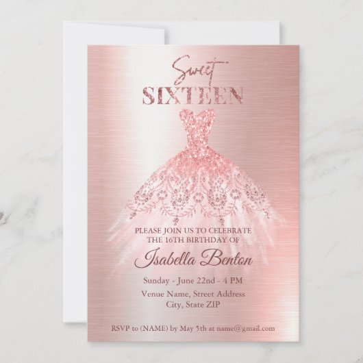 Invitation Robe dorée Rose moderne Parties scintillant douce (Devant)