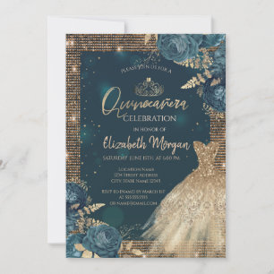 Invitation Robe dorée, roses, diadème, diamants Robe de Quinc